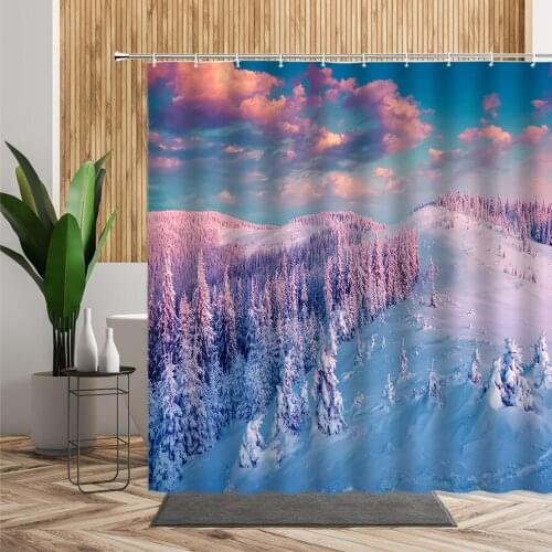 Sunset Snow Landscape Bathroom Shower Curtain Pine Forest Bath Screen White Woods Scenery Waterproof Fabric Printed Curtains Set