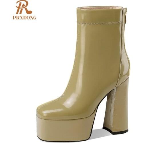 Women Ankle Boots Top Quality Genuine Leather Ladies High Heeled Platform Sexy Square Toe Shoes with Zipper Paty Autumn Winter