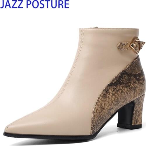 Snake Pu Women Ankle boots Buckle Pointed Toe Footwear Thick High Heels Female Boots Party Shoes Women new z296