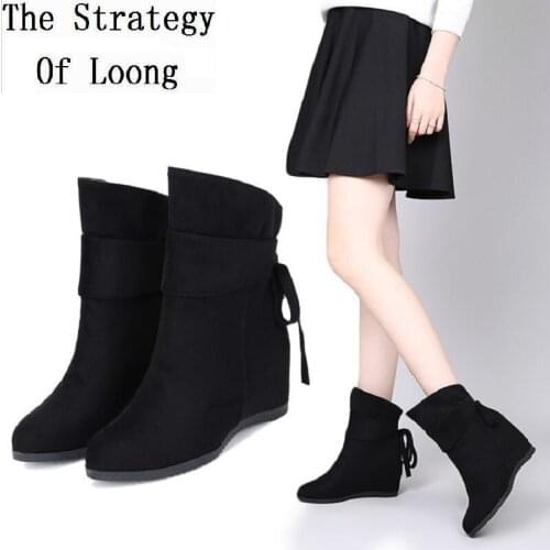 Women Autumn Winter New Korean Style Flat Sole Wedges Heels Height Increasing Shoes Flock Slip On Mid Calf Half Boots 20181124