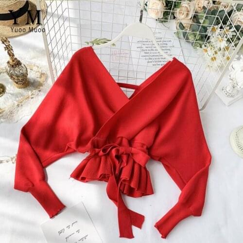 YuooMuoo Elegant Sashes V Neck Knit Sweater Women 2019 Sexy Backless Autumn Long Sleeve Sweater Ladies Ruffle Fashion Pullover