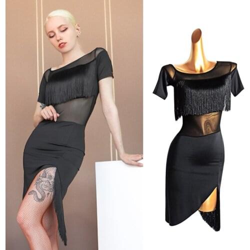 Sexy Mesh Latin Dance Dress For Women ChaCha Tassel Competition Wear Prom Show Rumba Salsa Dancing Performance Costume VDB3993