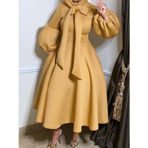 Women Dress High Waist A Line Long Lantern Sleeves with Bowtie Collar Midi Party Celebrate Event Occasion Vestidos Female Robes
