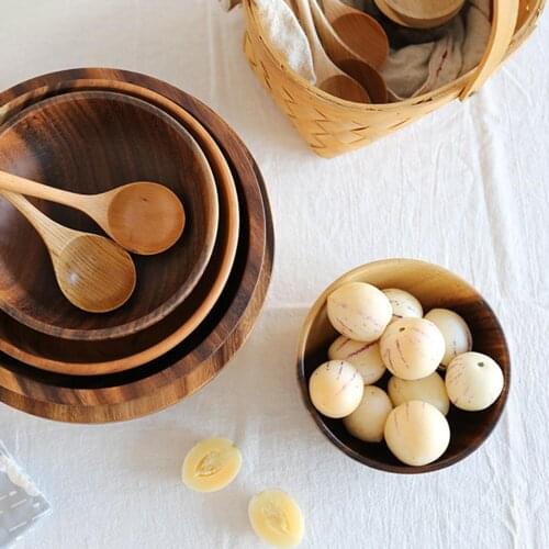Household Round Wooden Fruit Salad Bowl Dinnerware Basin Container Kitchen Tool Rice Noodles Bowl Crafts Decoration