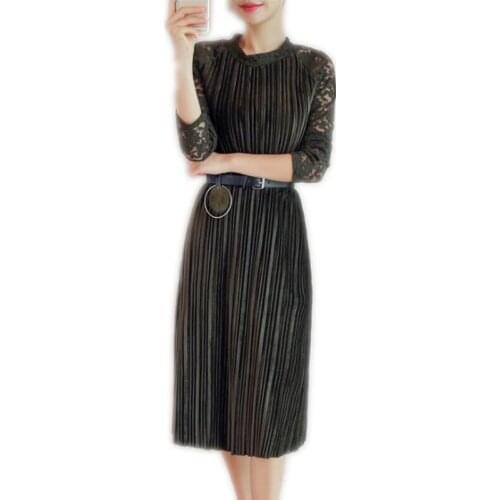 Elegant Pleuche Women Dress2018 New Spring Autumn Knee-Length Dress Pleated O-Neck Empire Sashes Female Dress Pullovers LaceQ092