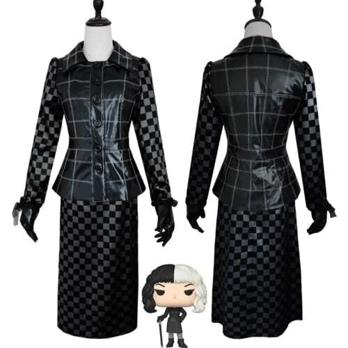 Movie Costume Halloween Cosplay Cosume Takerlama Cruella Cosplay For Adult Coat Skirt Black Slim Plaid Jacket Woman Elegant Dres
