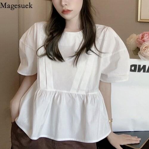 Summer Loose Pleated Stitching Casual Shirts Korean Fashion Puff Sleeve Womens Blouse O Neck Sweet Doll Shirts Top Blusas 16102