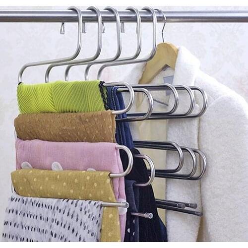 Multifunction S-Type Stainless Steel Trouser Rack Multi-layer Pants Trousers Hanger Clothes Magic Rack Closet Holder Organizer