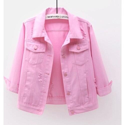 Fashion White Pink Denim Jacket Women Big size Slim Short Student Outwear Chaqueta Mujer Harajuku Holes Jeans Jacket Coat Female