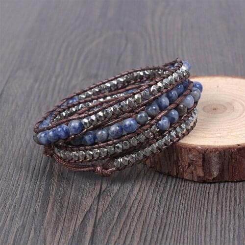 Natural Blue Vein Stone Wrap Bracelets Geometric Metal Alloy Beads 4Layers Braided Boho Bracelet Fashion Jewelry Family Gift