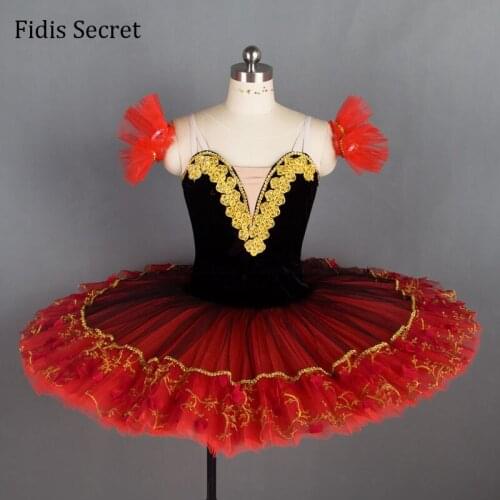 Newest Women Professional Pancake Ballet Dance Dress,Black Velvet Bodice w/Red Tutu Skirt,Girls Ballerina Classical Stage Wear