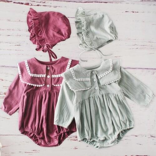 2019 Autumn Clothes For Newborn New Baby Lapel Long Sleeve Pajamas Winter Children Cotton Jumpsuit Romper Matched Hat Princess