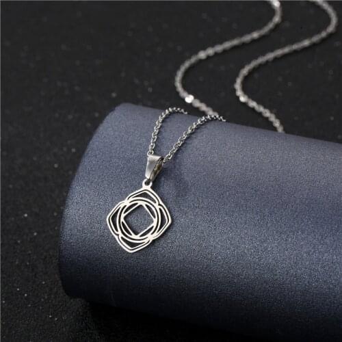 Stainless Steel Hollow Mexico Lotus Geometric Round Square Shape Pendant Necklace Love Woman Mother Girl Gift Wedding Jewelry