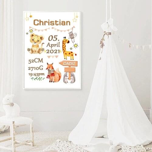 Personalized Baby Birth Custom Poster Nursery Art Print Animal Canvas Painting Wall Picture Nordic Kid Boy Bedroom Decoration
