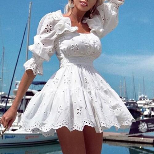 Women Fashion Solid Embroidery Hollow Out Dress Autumn New Lady Square Collar Ruffle Cotton Dress Half Sleeve A-Line Short Dress