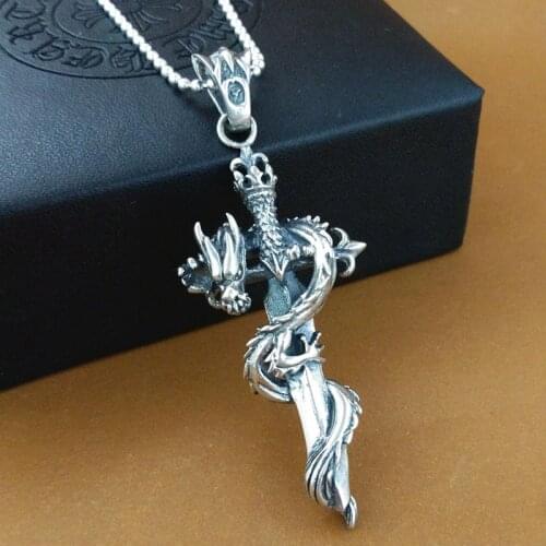 BOCAI real s925 Pure silver Man and Woman pendant retro personality cross pattern holy sword hovering dragon fashion jewelry