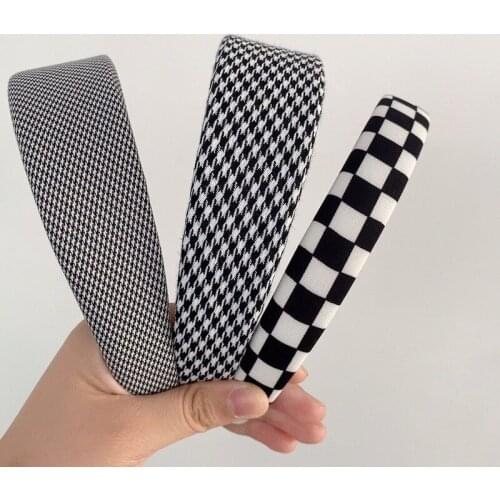 Korean sponge retro houndstooth high skull top headband female temperament wide-brimmed headband hairband net red headwearfemale