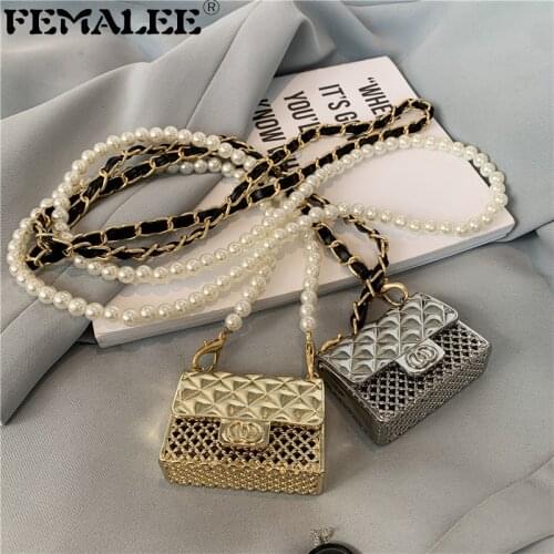 Luxury Brand Mini Metal Bag Women Hanging Neck Bags Rhombus Earphone/Lipstick/Keys Purses Designer Pearl Chain Chest Waist Pack