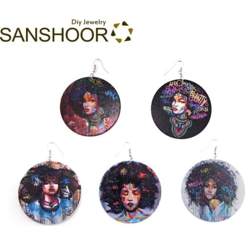 SANSHOOR Afro Woman Natural Hair Wood Drop Earrings Black Beauty Dope Artistic Bohemian Jewelry As Valentines Day Gift 6pairs