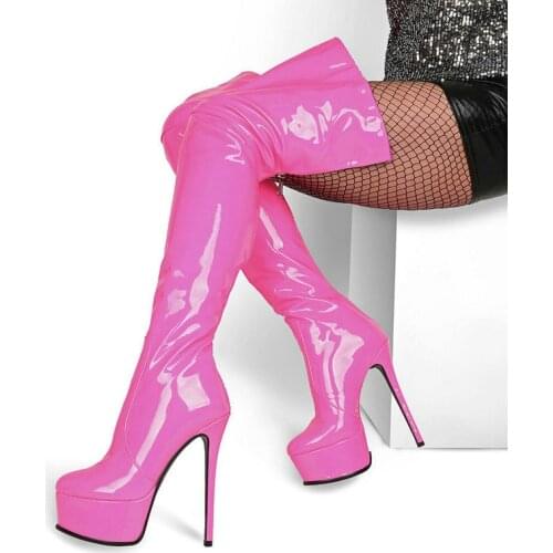 Lady Autumn Winter Candy Color Thigh Boots Fashion Zipper Platform Patent Leather Boots Super High Heel Large Size Womens Shoes