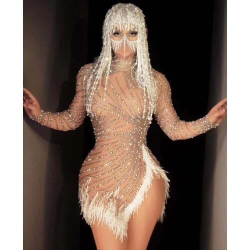 Sexy Rhinestone Pearls Mesh Perspective Dress Women Sexy High Slit Birthday Prom Bodycon Dress Nightclub Dancer Stage Dress