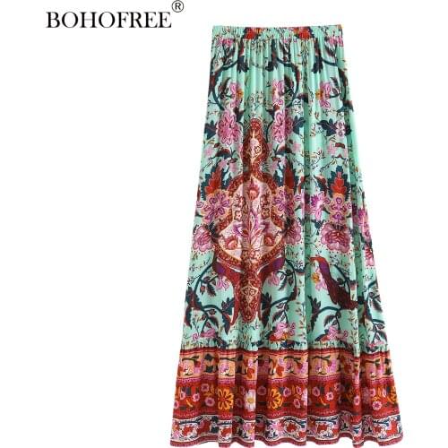 Vintage chic Hippie women pink floral printed High Elastic Waist beach Bohemian skirt ladies Maxi A-Line Boho skirt