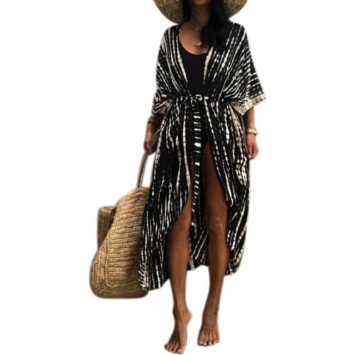 Women Summer Swimsuit Bikini Cover Up 3/4 Sleeves Tie-Dye Striped Printed Open Front Kimono Cardigan Belted Waist Maxi Long