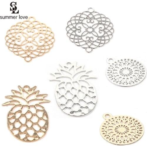 10PCS/Lot Fashion Gold Color Hollow Flower Pineapple Charms Fit Bracelet Round Pendant for Diy Jewelry Making Craft Accessory