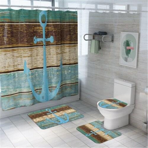 4Pcs/set Bathroom Mat Set Non-slip Planks and anchor Bath Mat Coral Fleece Shower Curtain Floor Mat Washable Bathroom Toilet Rug
