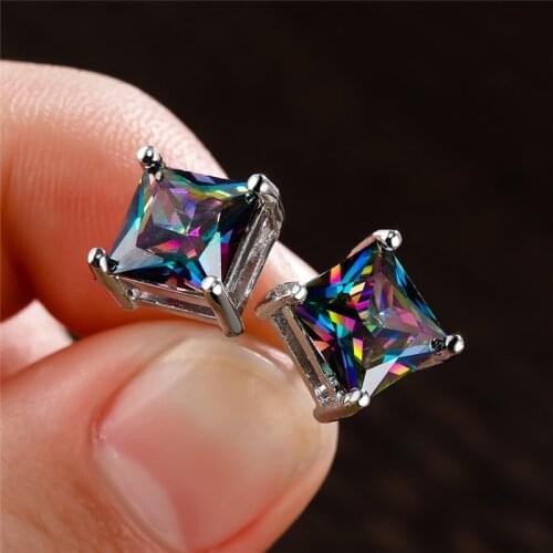 7MM Multicolor Zircon Stud Earrings Square Crystal Stone Earrings For Women Boho Silver Color Charm Rainbow Birthstone Earrings