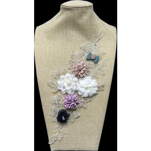 Clothing Accessories Handed Beading & Embroidered 3D Flower Patches Lace Applique for Wedding Dress DIY Decoration