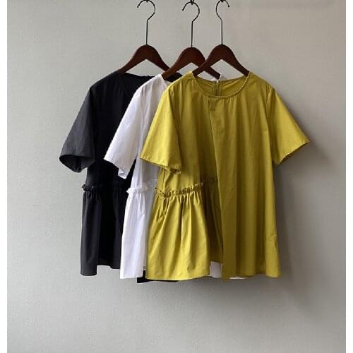 Blouse Ground Round Neck Gather Switching A-line Korean Style Blouses Ladies Fashion Short Sleeve Simple Shirt Women Sute New