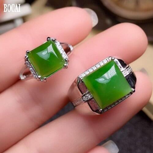 BOCAI new real S925 pure silver inlaid natural jasper couple ring classic square ring couple gem ring