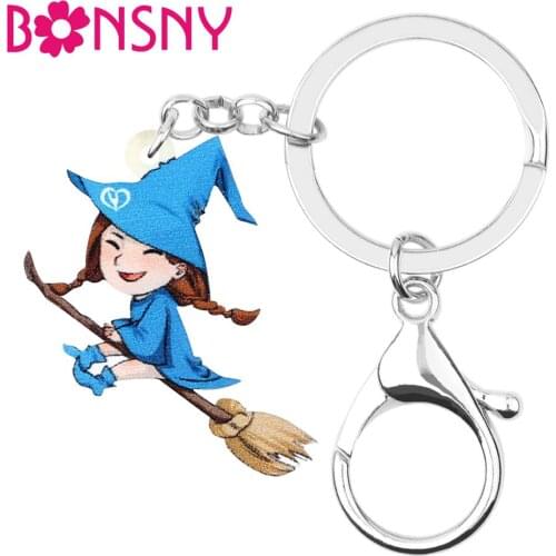 Bonsny Acrylic Halloween Anime Broom Witch Girl Key chains Key Rings Bag Car Wallet Purse Keychains Women Girls Decorations Gift