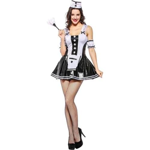 Black White Women Halloween French Maid Costumes Female Housekeeper Waitress Cosplay Purim Nightclub Bar Role Play Party Dress