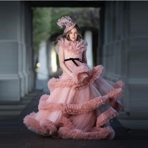 Extra Puffy Girls Kids Tulle Dresses Sleeveless Tiered Ruffles Custom Made Long Flower Girls Dresses For Party