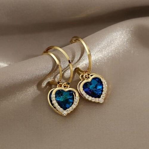 Fairy Korean Blue Crystal Love Heart Hook Earring for Women Vintage Double Layer Rhinestone C Shape Dangle Earring Jewelry