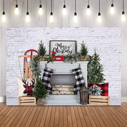 Photography backdrop Christmas White Brick Fireplace Background for photo booth studio grey brick wall Christmas tree photobooth