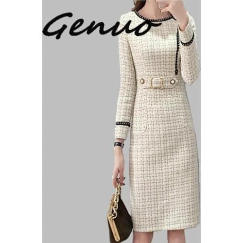 Genuo 2019 New Tweed Dress Women Spring Vintage Wool Plaid Dresses Female Elegant Woolen Dress Ladies Office