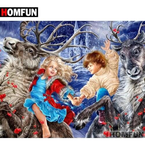 HOMFUN Full Square/Round Drill 5D DIY Diamond Painting "Deer & Kids" Embroidery Cross Stitch 5D Home Decor Gift A07390