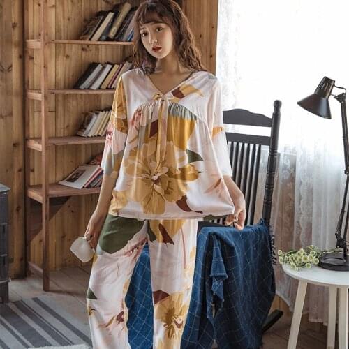 Summer New Print Fashion Pajama Set Womens Seven-point Sleeve Trousers Cotton Silk Suit Pyjamas