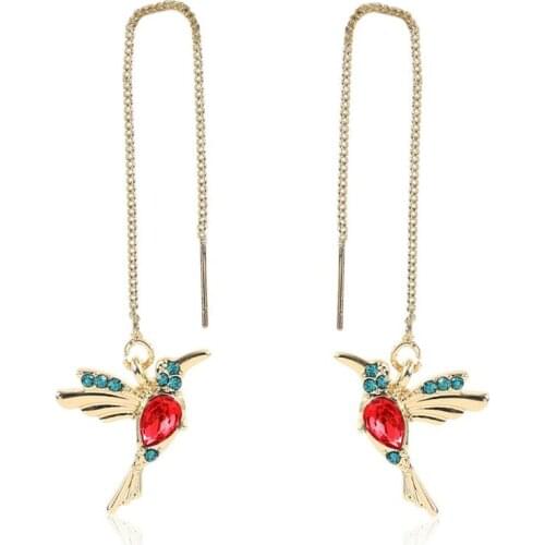 Fashionable Wing Spreading Zircon Hummingbird Long Pendant Earchain Lady Jewelry 1 Pair Unique Bird Long Drop Tassel Earrings
