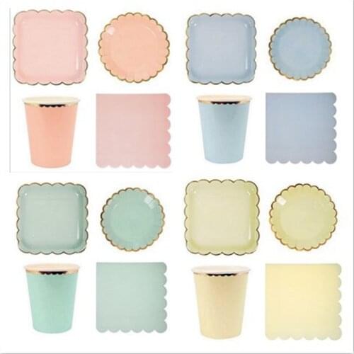 Gold Pink Green Blue Macaron Disposable Tableware Set Plate/Napkin/Cup Adult Happy Birthday Party Decor Kids Wedding Supplies