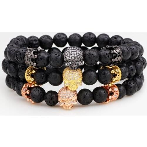 Natural Volcanic Lava Stone Inlaid Gem Bead Bracelet Bangle Buddhist Buddha Prayer Bracelet Alloy Skull Jewelry for Men Women