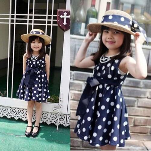 2016 New Stylish Kids Toddler Girls Princess Dress Sleeveless Polka Dots Bowknot Dress! Top quality navy