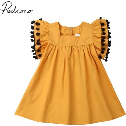 2019 Brand New Infant Kids Girls Summer Dress Clothes Tassel Ball Shortsleeve Shirt Dress Ruffled Gown Princess Party Age 1-6Y