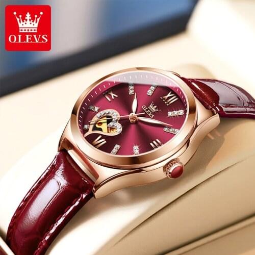 OLEVS 2021 New Ladies Business Luminous Hands 30M Waterproof And Breathable Leather Strap Automatic Mechanical Watches 6636
