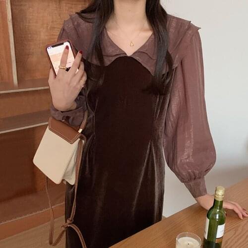 2021 Autumn New French Vintage Double-Layer Doll Collar Velvet Stitching Pleated Waist Slimming Puff Sleeve Dress Casual Dresses