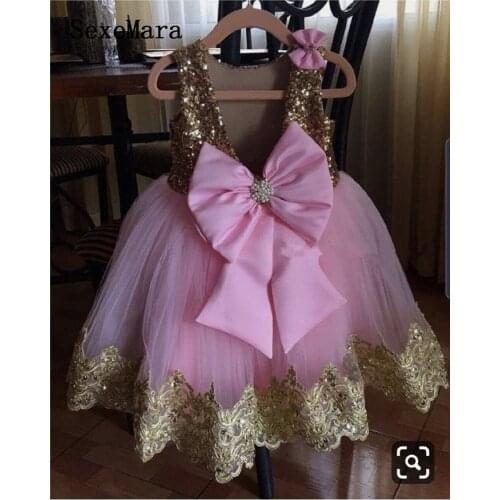 New Gold Sequins Pink Tulle Little Girls Birthday Party Dress with big Bow Princess Pageant Dress Kids Clothes for Ceremony