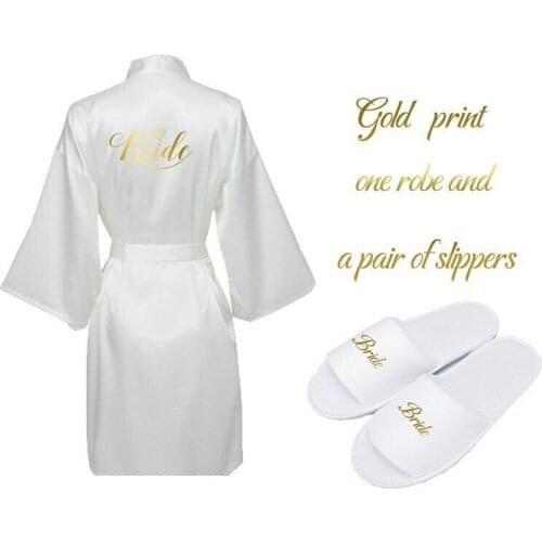 One Set Satin Silk Robe Bridal Robes Women Bride Robes Bride Slippers White Bride Robes Gold Print Bathrobe